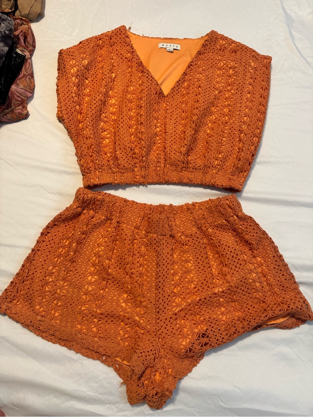 HYFVE Orange Crochet Crop Top and Shorts Set